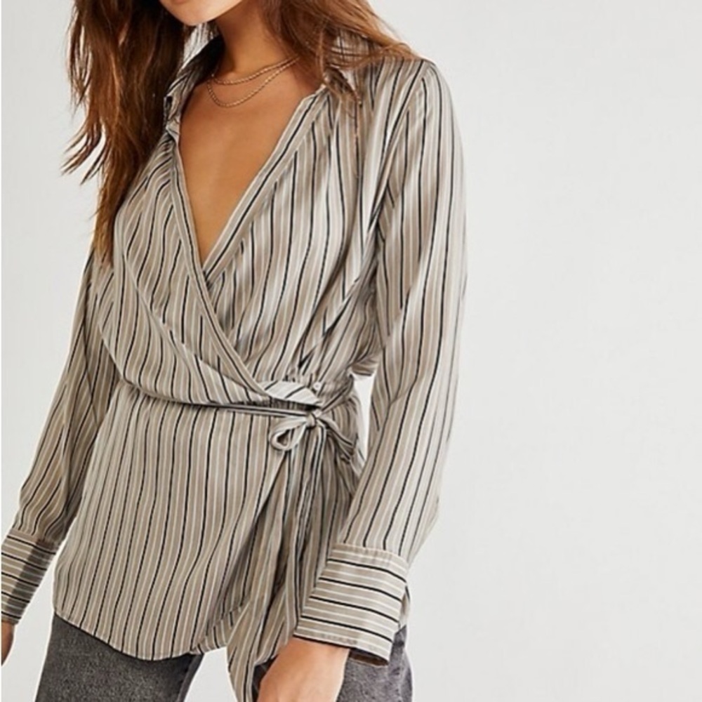 Free People Womens size XL Arlo Striped Wrap Long Sleeve Blouse Top Shirt